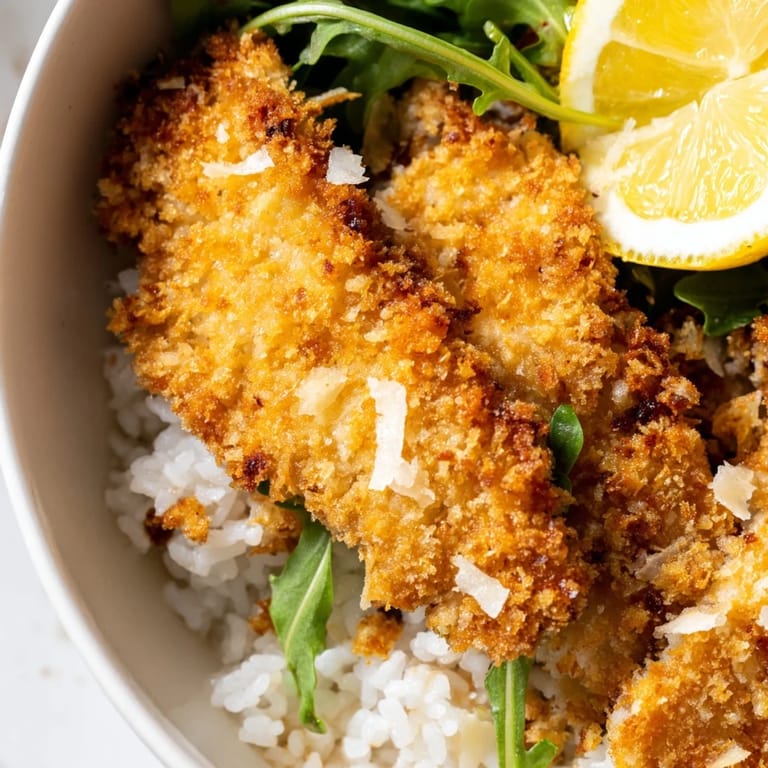 Serving the Crispy Parmesan Chicken Cutlet Bowl with a squeeze of lemon over tender rice, crispy chicken, and peppery arugula leaves.