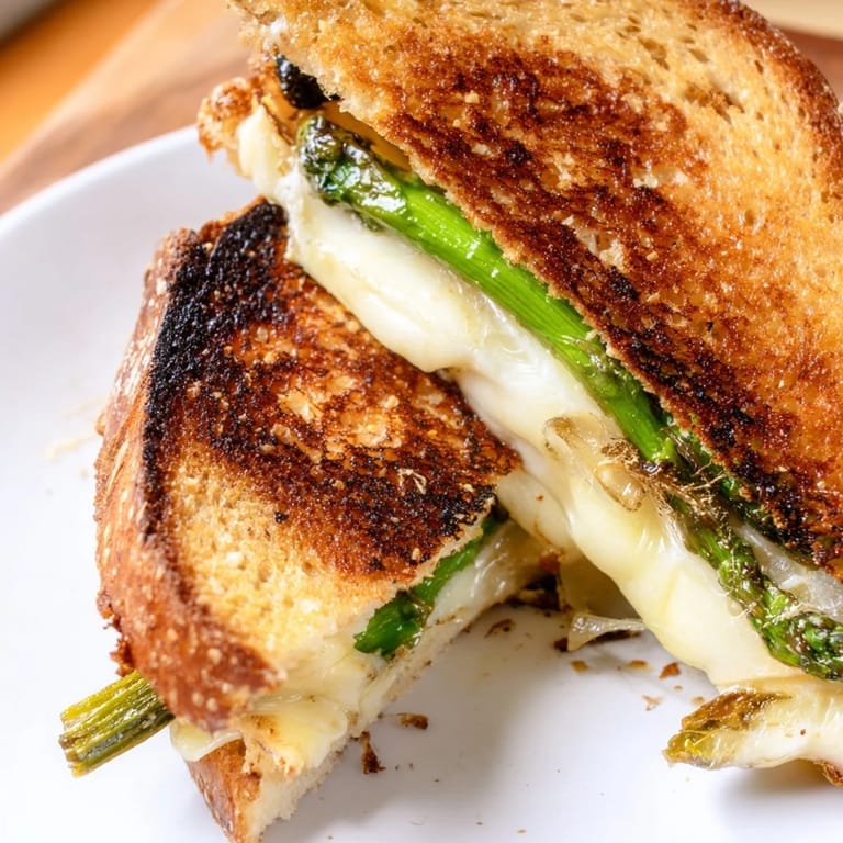 Perfectly grilled Asparagus & Brie Grilled Cheese paired with fresh greens on the side for a light lunch.