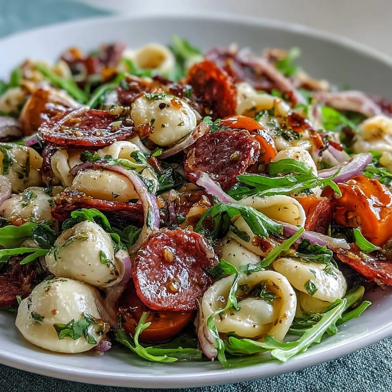 Colorful Spring Antipasto Pasta Salad showcasing salami, arugula, and pickled vegetables.