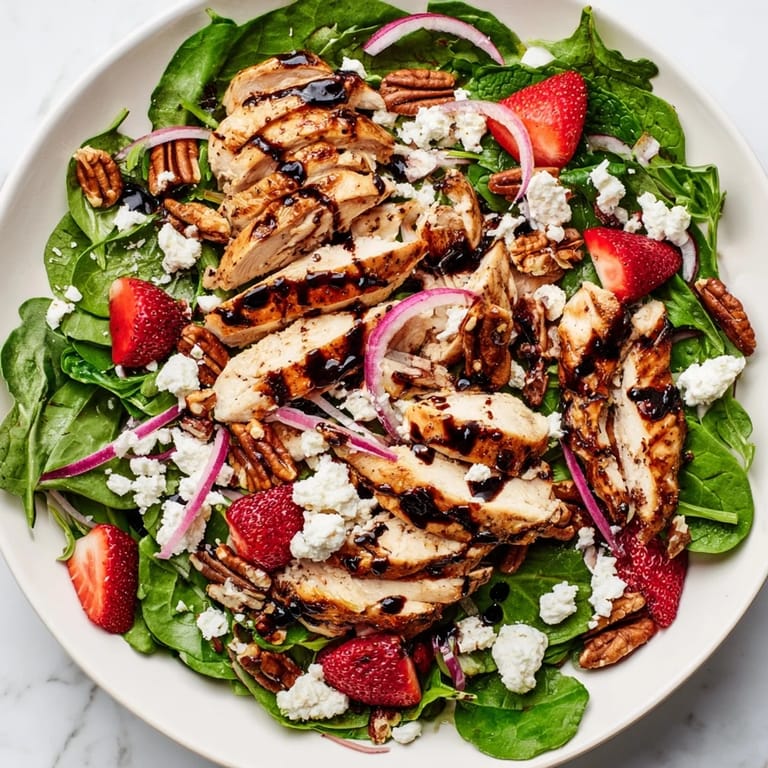 Grilled chicken is layered over mixed greens, sliced strawberries, and feta cheese, then finished with a drizzle of honey balsamic glaze.
