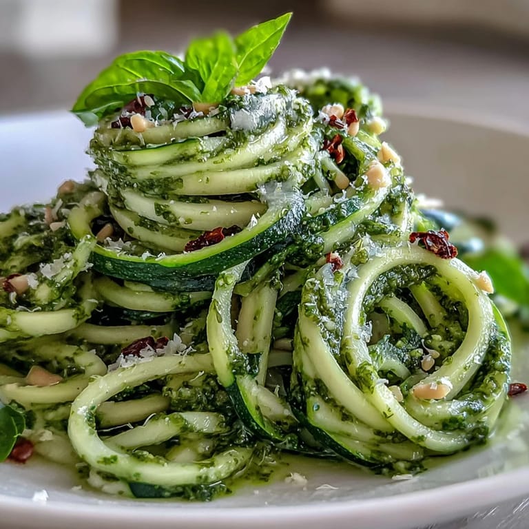 A colorful dish of zucchini noodles coated in rich, garlicky pesto, ready to serve.