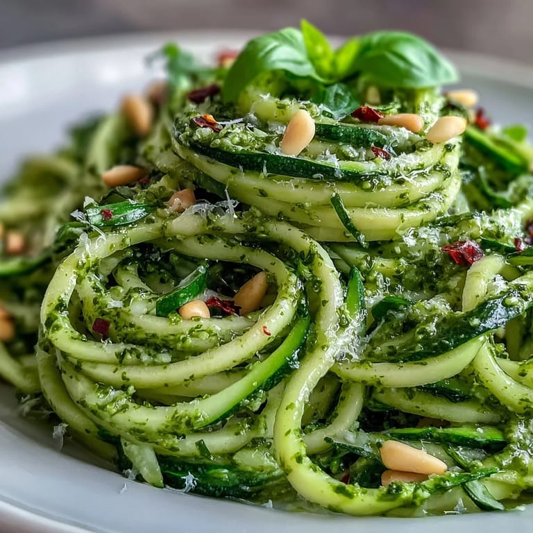 Freshly spiralized zucchini tossed in fragrant basil pesto, perfect for an easy weeknight meal.
