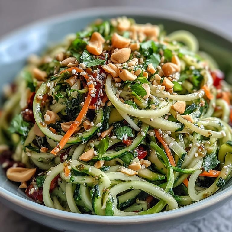A close-up of the fresh raw vegetable noodle salad, ready to be enjoyed.