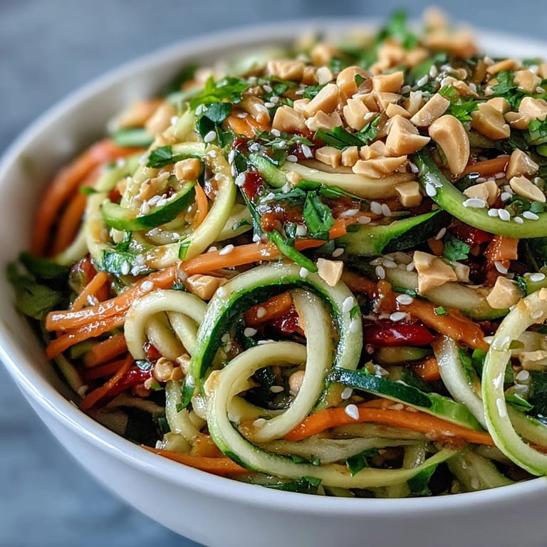 Refreshing raw vegetable noodle salad piled high, garnished with sesame seeds.