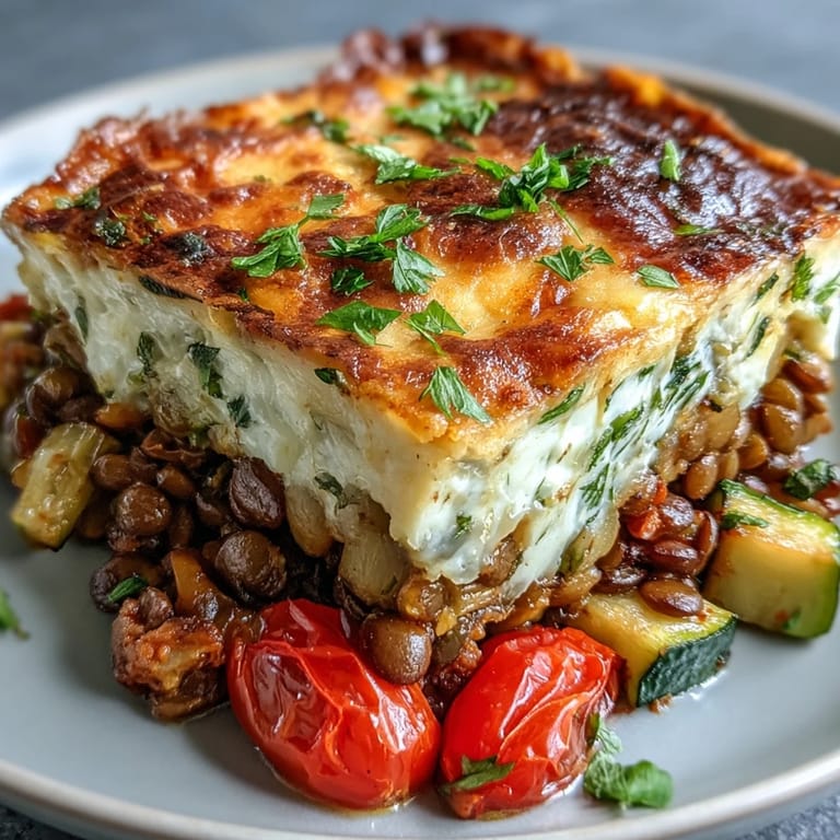Comforting green lentil vegetable casserole topped with golden cheese, ready to serve.