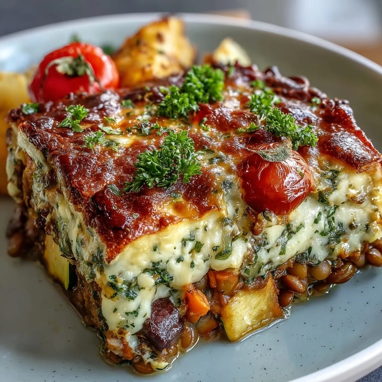 Close-up of baked green lentil and vegetable casserole, garnished with fresh parsley.