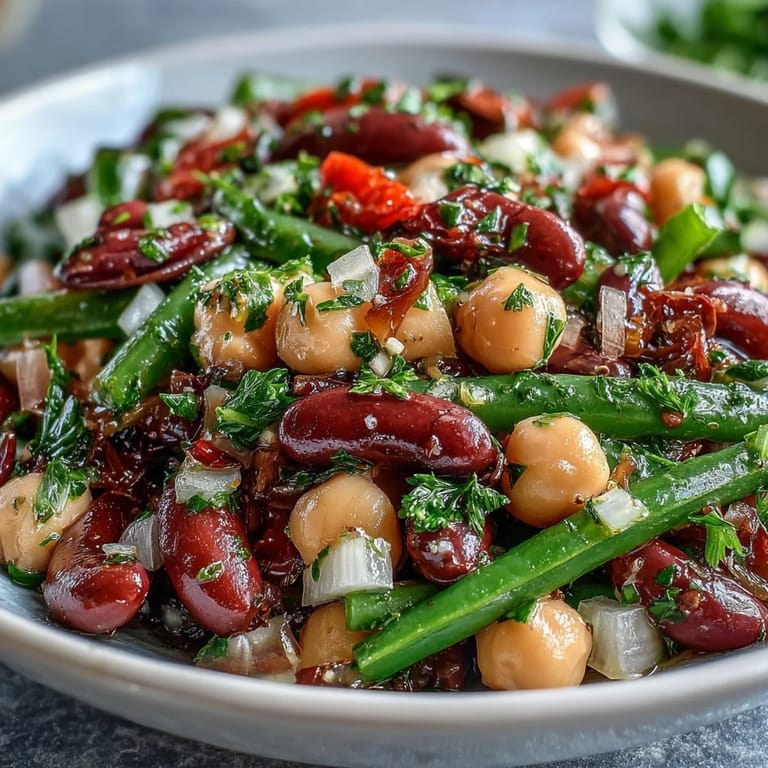 Close-up of a healthy Three-Bean Salad overflowing with fresh, crisp ingredients.