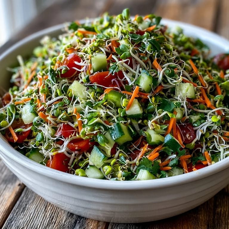Fresh Sprouted Seed Salad piled high with colorful vegetables and herbs.