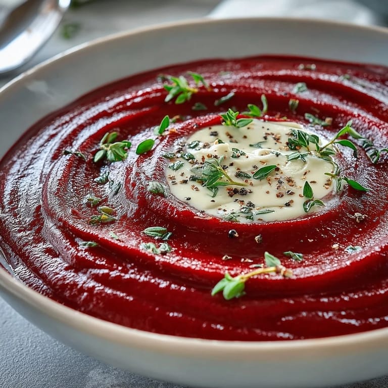 Roasted beet soup in a rustic bowl, blending tender roasted vegetables and creamy finish for a deliciously earthy and sweet flavor.