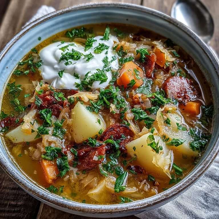 Hearty Sauerkraut Soup simmering with smoked sausage, potatoes, and carrots in a rustic pot.