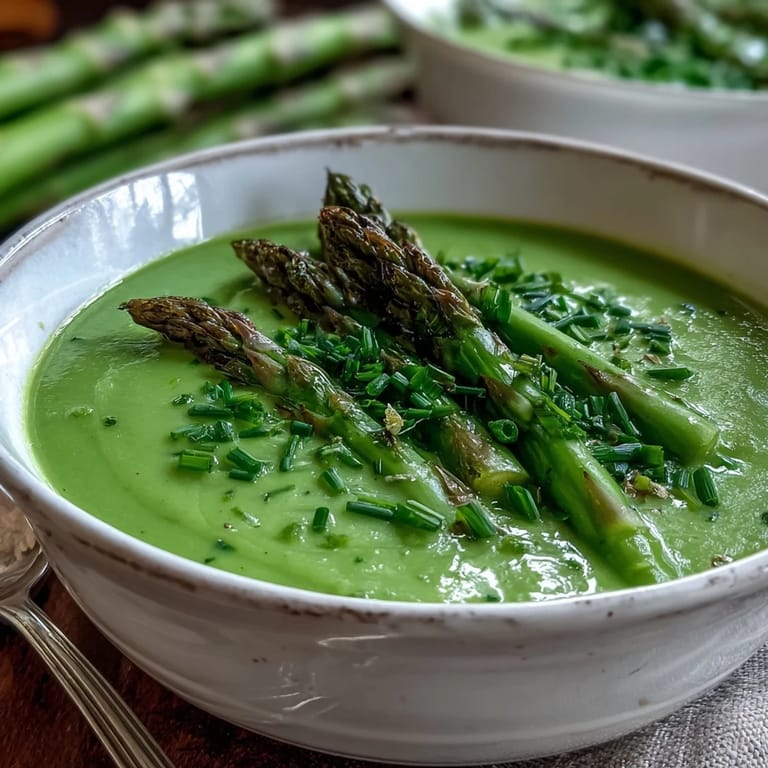 This elegant, easy asparagus soup showcases bright spring flavors, served with crusty bread and fresh herbs for dipping.
