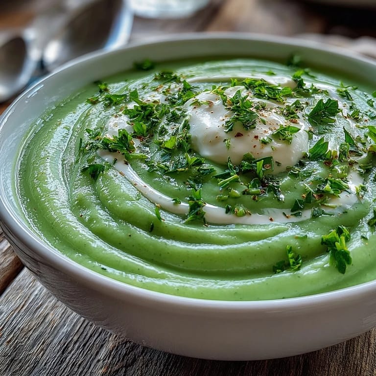 Zucchini soup in a rustic ceramic bowl with chopped herbs and lemon zest, served alongside crusty bread.  