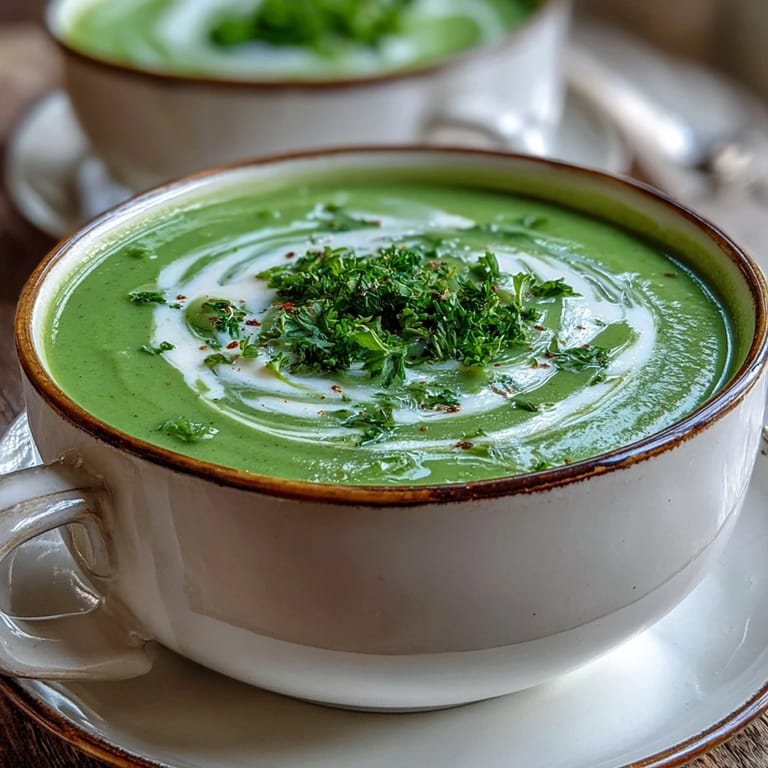 Silky smooth zucchini soup topped with olive oil drizzle, fresh thyme, and a sprinkle of black pepper.