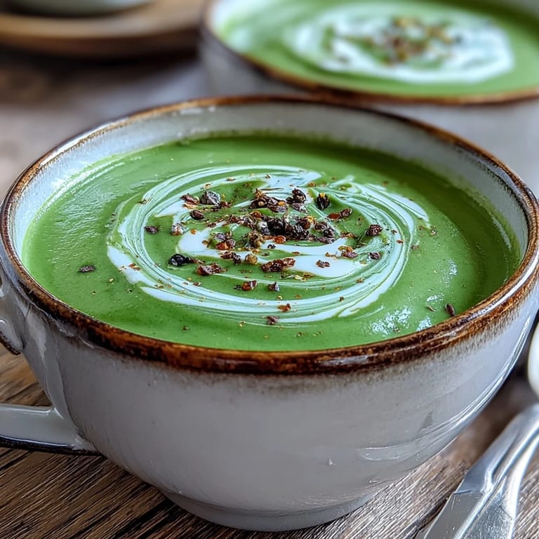 Earthy green Spinach Soup blended silky smooth, garnished with a swirl of cream and black pepper.