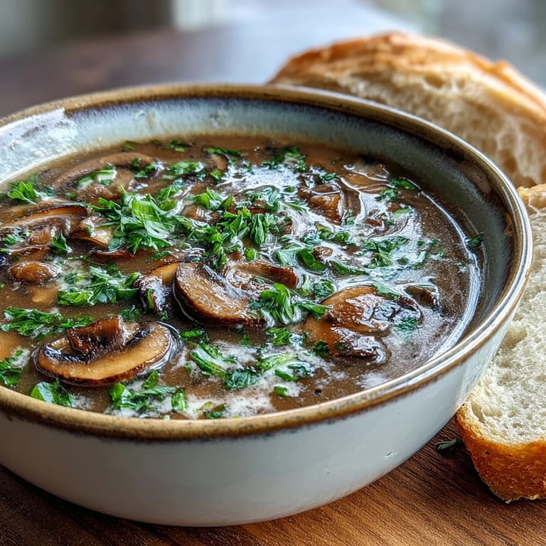 Creamy Mushroom Soup with earthy mushrooms and herbs, served warm in a rustic white bowl.
