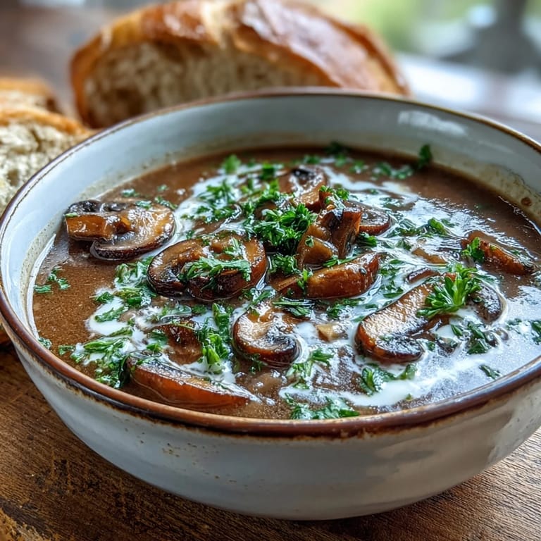 Golden-brown Mushroom Soup simmering in a pot, featuring carrots, celery, and thyme.