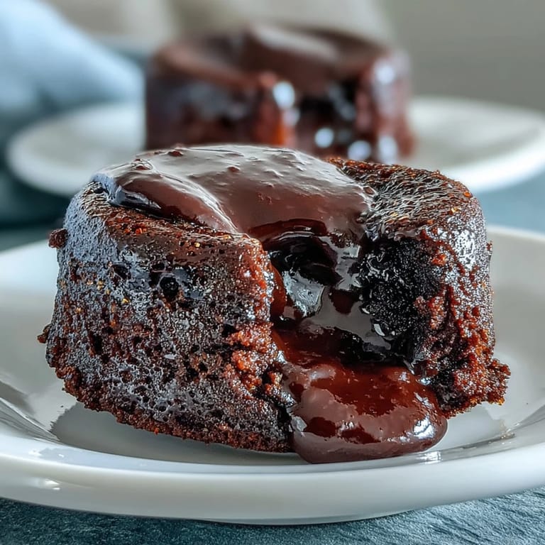 A warm ramekin of Chocolate Lava Cakes sits next to a scoop of vanilla ice cream, melting slightly on top.