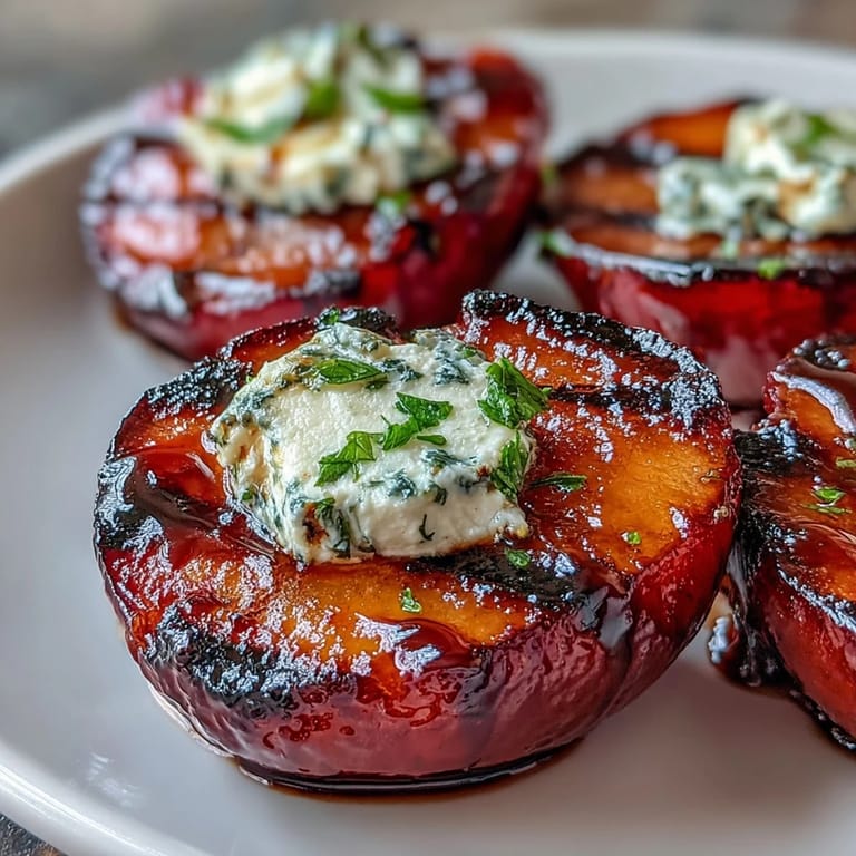 Golden grilled plums topped with creamy goat cheese and fresh mint garnish.