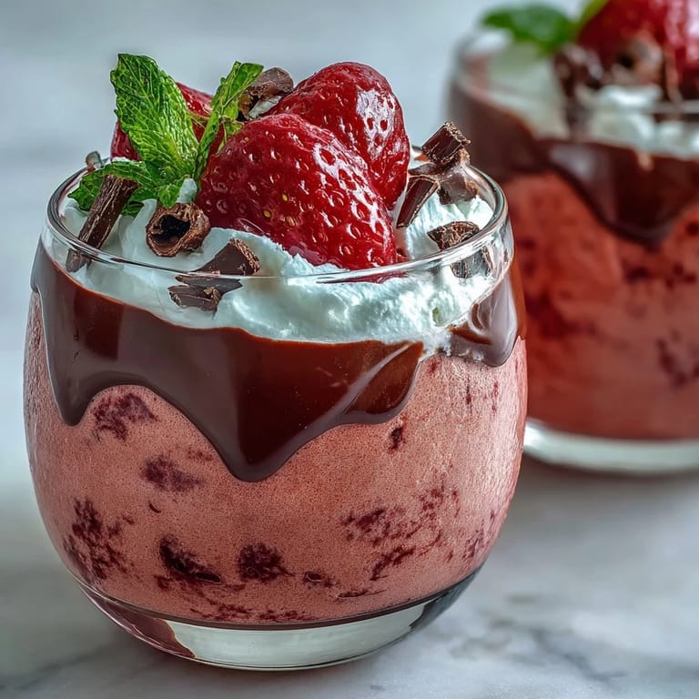 Delicate Chocolate-Covered Strawberry Mousse served in elegant stemware, garnished with mint leaves and shaved chocolate, ready for a romantic dessert course.