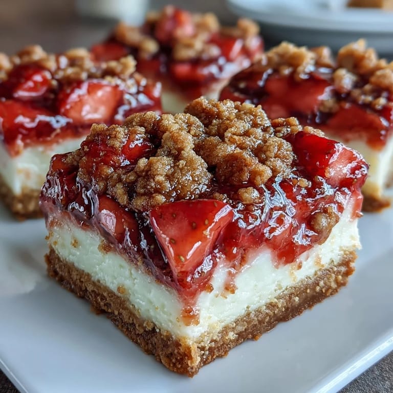 A close-up view of Strawberry Cheesecake Bars, revealing the smooth cheesecake and diced strawberries nestled in a crumbly crust.