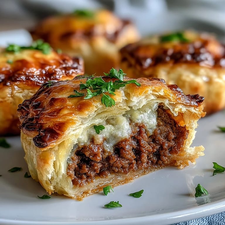 Delicate Mini Beef Tourtières cooling on a wire rack, showcasing the flaky cream cheese pastry and savory beef interior.