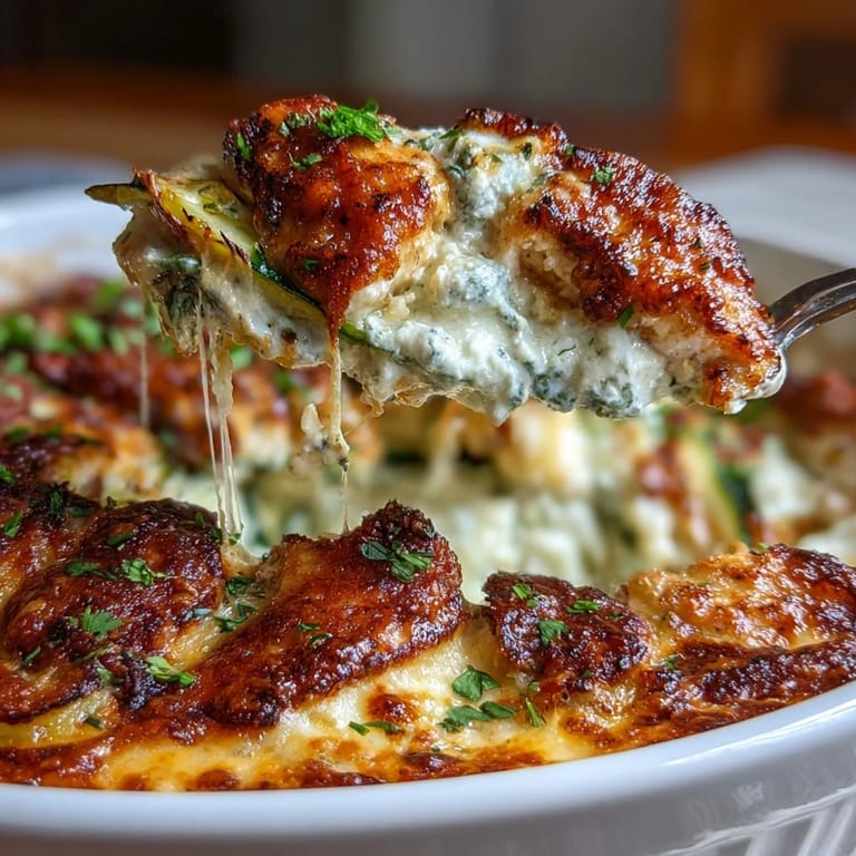 A spoon serves a portion of High Protein Chicken Zucchini Bake revealing creamy Greek yogurt and tender chicken layers.