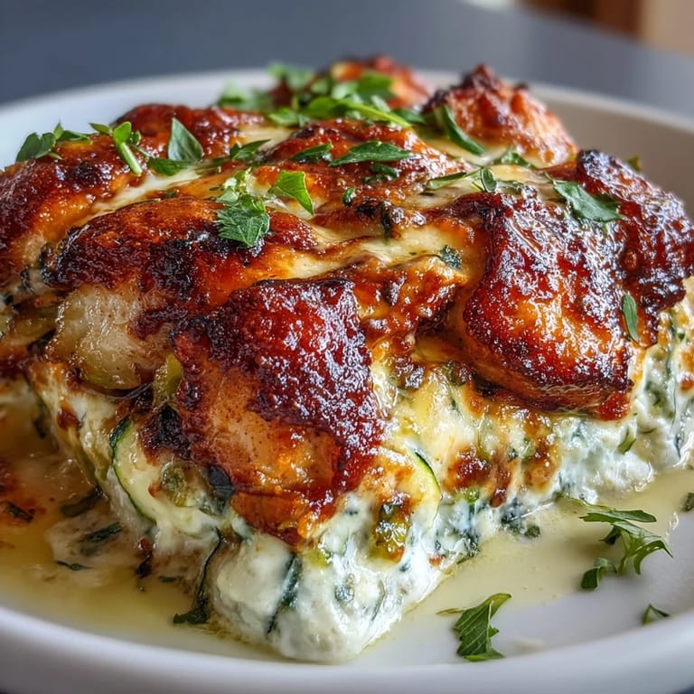 Top view of High Protein Chicken Zucchini Bake garnished with fresh parsley and basil next to a dinner plate.