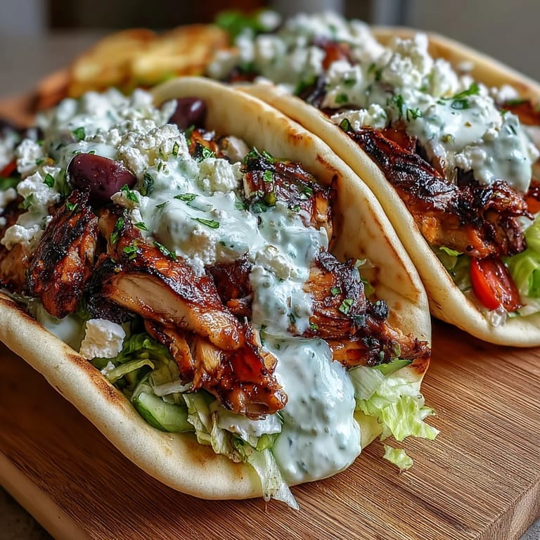 Sizzling charred Mediterranean Chicken Gyros filled with juicy marinated chicken, crunchy veggies, and a generous dollop of feta tzatziki.
