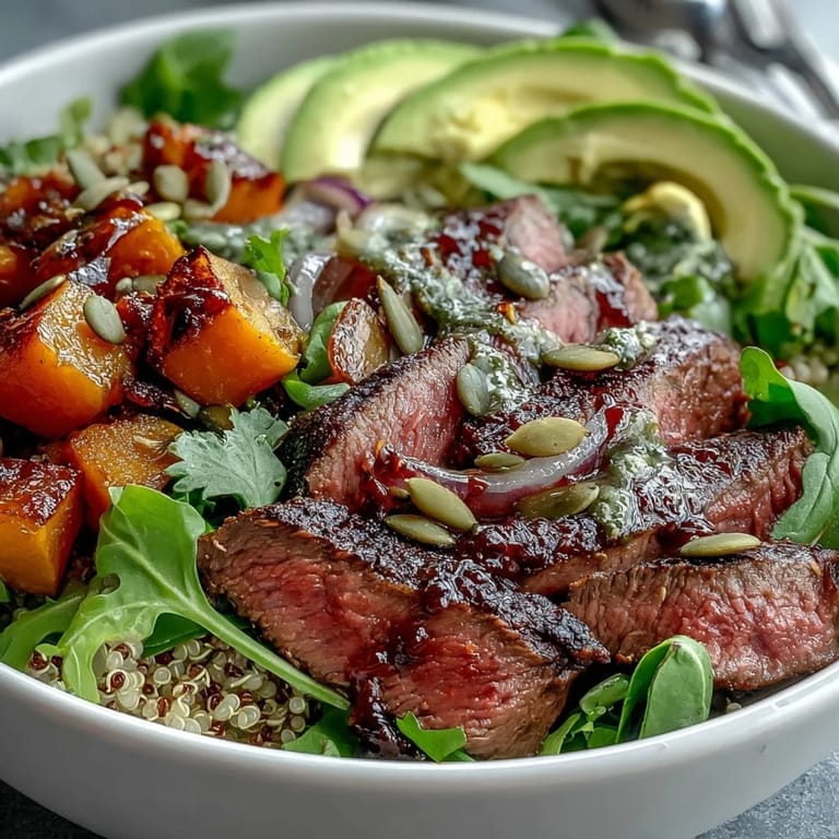 A close-up shows tender butternut squash steak bowls drizzled with lime-cilantro dressing, garnished with fresh cilantro and seeds.