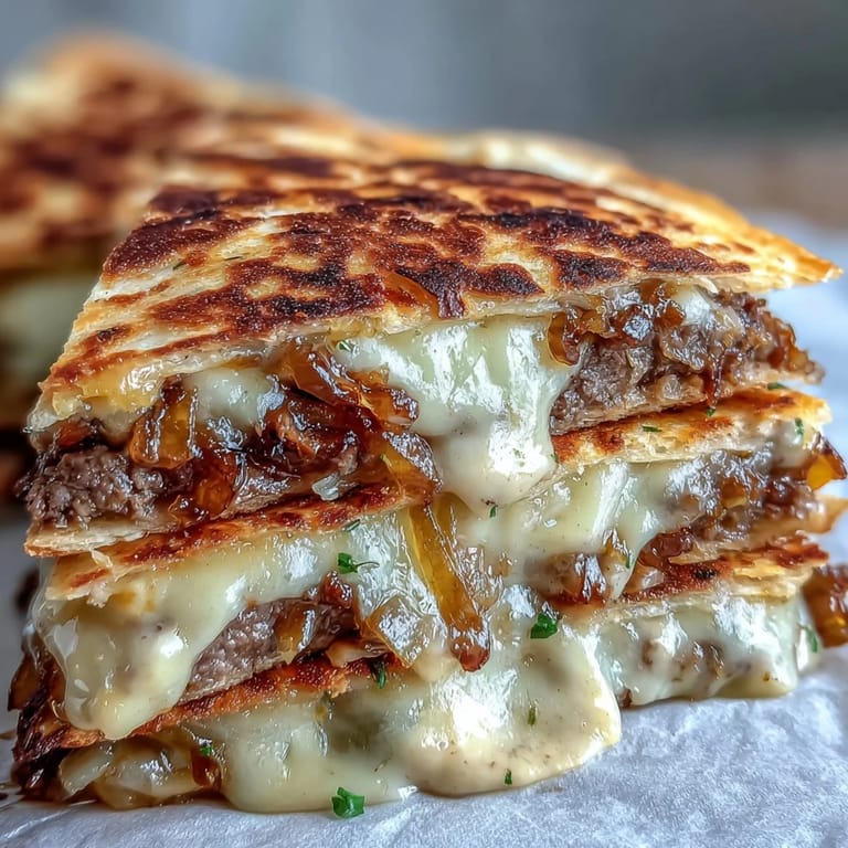 Steam rises from a Cheesy Griddled Smashburger Quesadilla filled with juicy smashburger patties, oozing cheese, and a drizzle of tangy mayo-mustard sauce.
