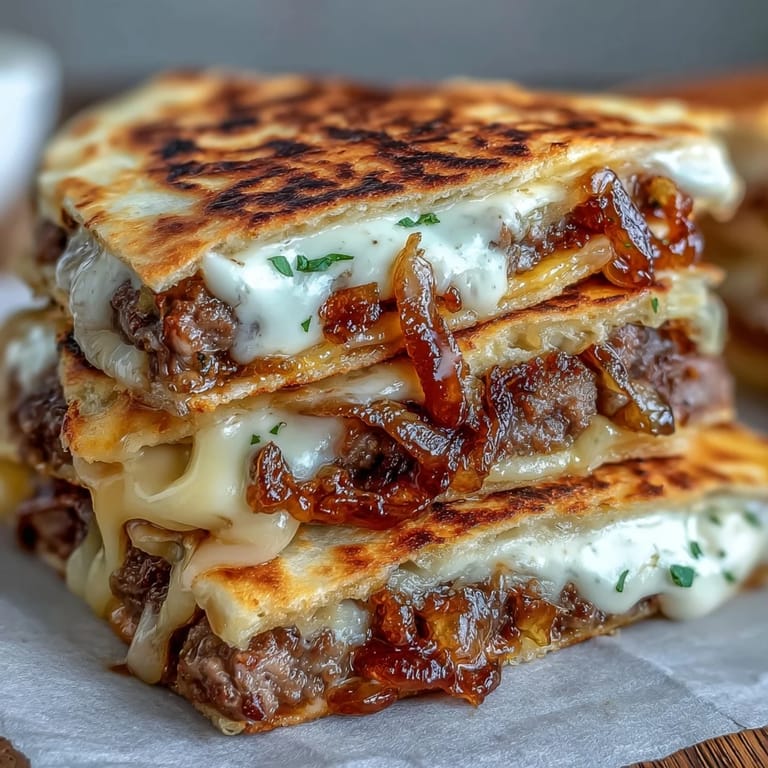 Close-up of a crispy Cheesy Griddled Smashburger Quesadilla wedge served with pickles and fresh cilantro on a rustic dinner plate.