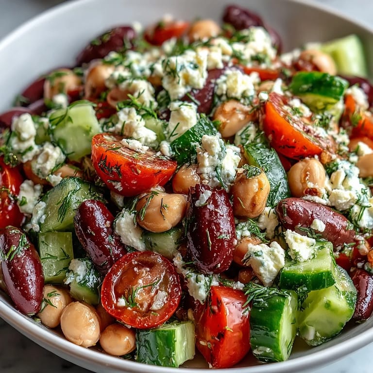 A large bowl of chilled Greek Bean Salad, featuring crisp cucumbers, Kalamata olives, and creamy feta, tossed in a vibrant lemon-oregano dressing for easy entertaining.