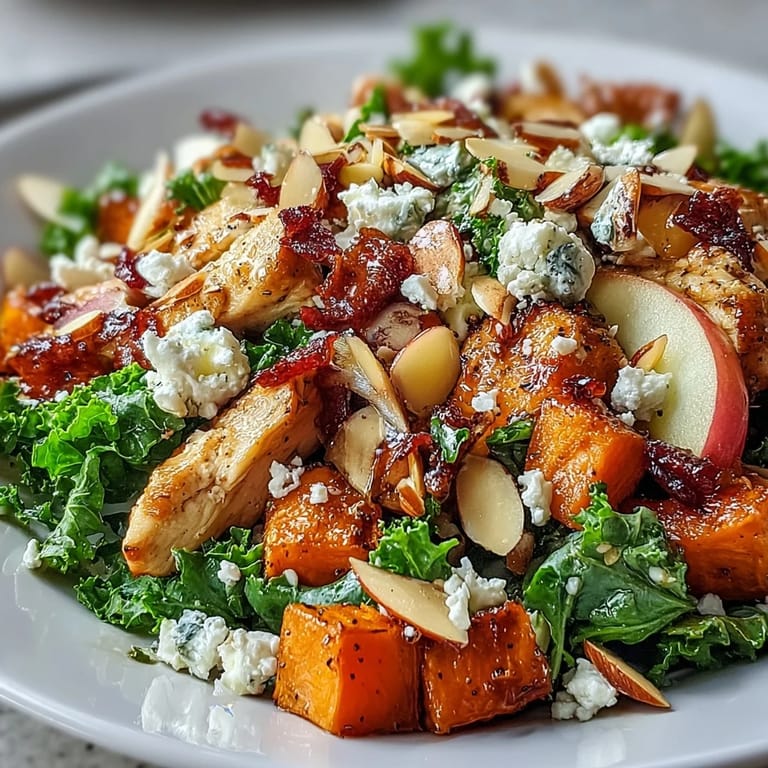 A vibrant Fall Sweet Potato Harvest Bowl features sliced apples, crumbled goat cheese, and toasted almonds, drizzled with balsamic vinaigrette over warm roasted chicken.