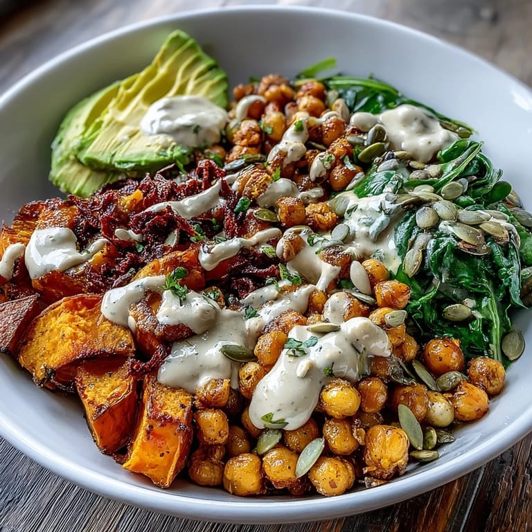 A close-up of the Roasted Sweet Potato and Chickpea Bowl showing garlicky spinach and smoky chipotle tahini.