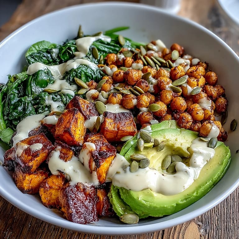 The finished Roasted Sweet Potato and Chickpea Bowl topped with fresh avocado and toasted pumpkin seeds.