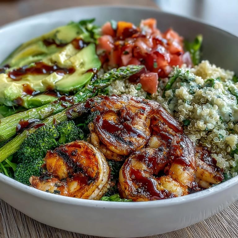 A beautifully arranged Rainbow Vegetable Detox Bowl showcases steamed shrimp, fluffy quinoa, and sliced avocado on a white ceramic plate, perfect for a healthy lunch.
