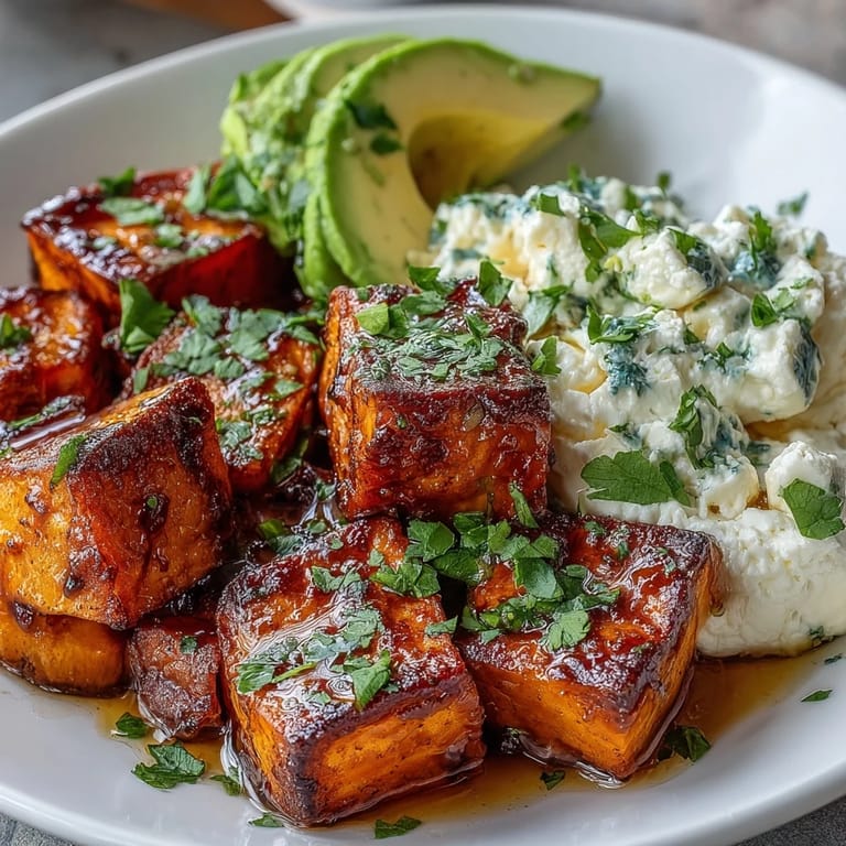 A close-up of the Hot Honey Sweet Potato Bowl shows crispy, caramelized sweet potatoes, creamy avocado, and cottage cheese. Toasted seeds and a drizzle of spicy honey add texture and shine.