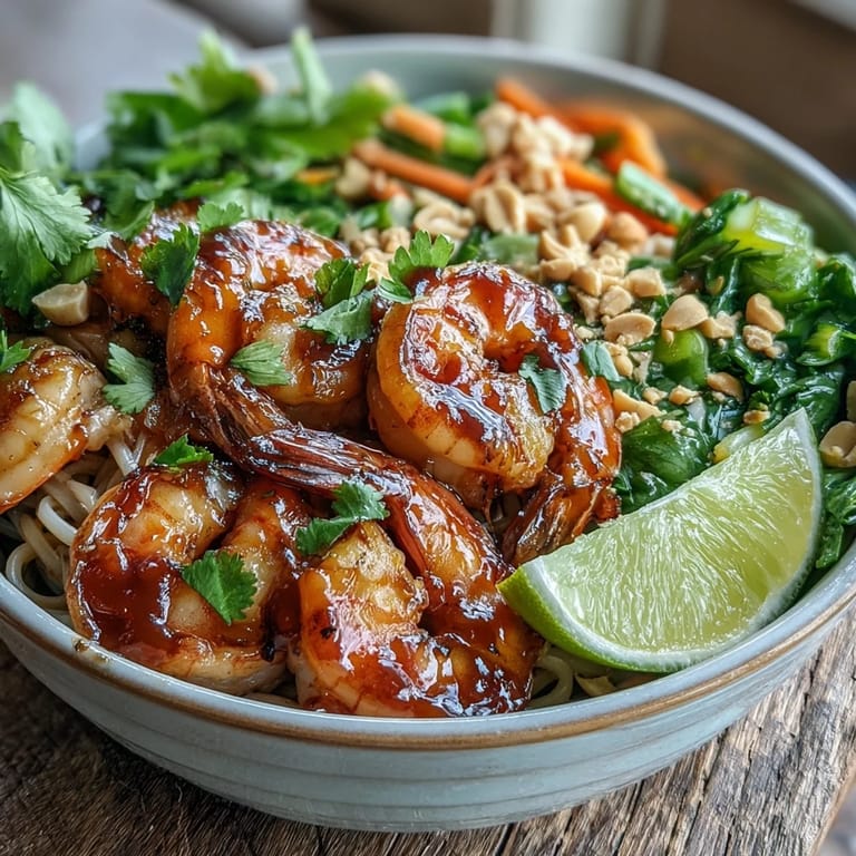 Quick stir-fried Asian Noodle Bowl featuring juicy shrimp, rice noodles, and colorful vegetables for a healthy meal.