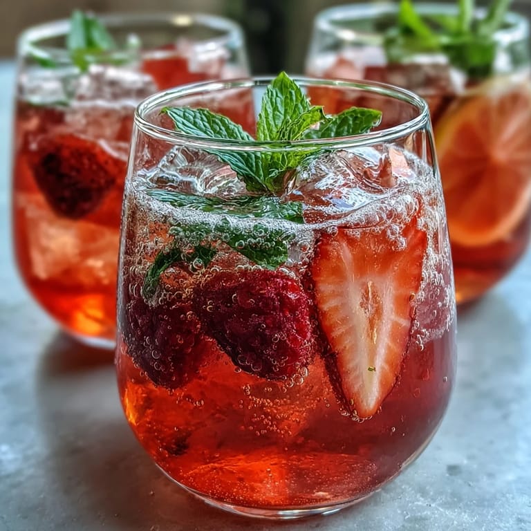 Vibrant strawberry lemon sparkling mocktail garnished with mint leaves and lemon slices for a festive spring drink.