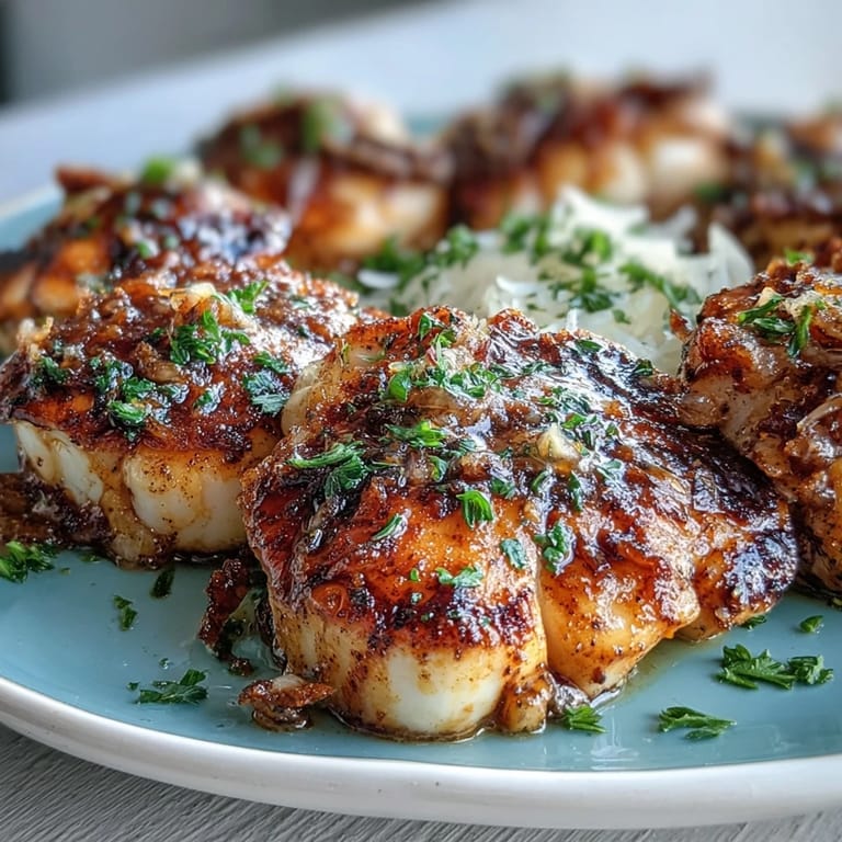 Succulent scallops sizzling in a bright lemon butter sauce, offering a taste of the sea with a zesty finish.