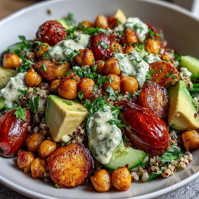 Healthy grain bowls featuring roasted chickpeas, zesty lemon dressing, and fresh vegetables for a satisfying vegetarian meal.