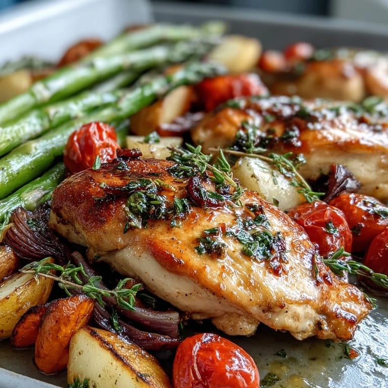 Healthy Easy Sheet Pan Chicken with Spring Veggies, roasted to golden perfection with asparagus, tomatoes, and bell peppers.