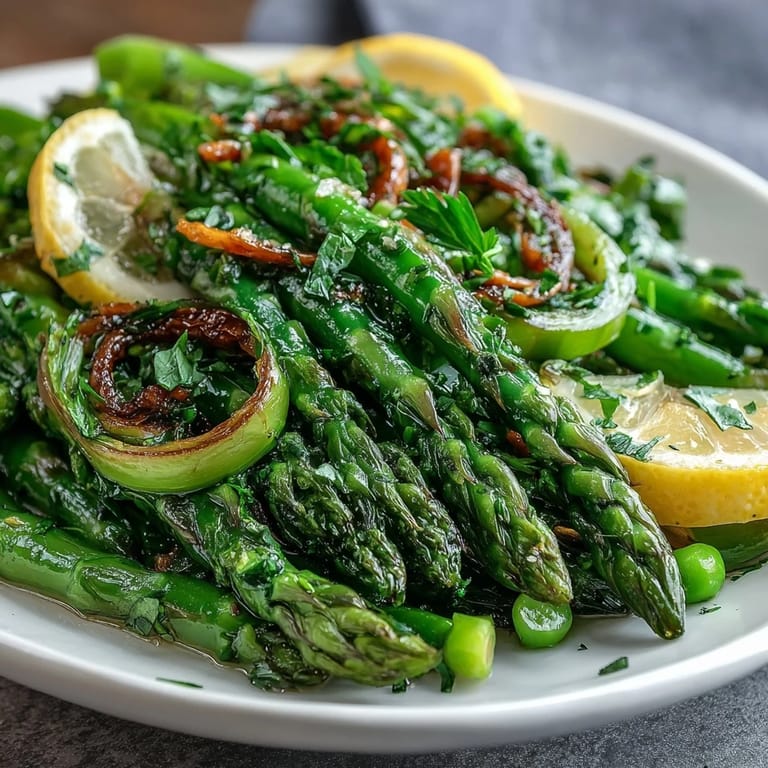 Crisp asparagus ribbons and green peas tossed in a bright lemon dressing, garnished with Parmesan and toasted pine nuts for crunch.