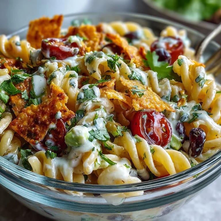 Creamy Tex-Mex pasta salad featuring black beans, corn, avocado, and cheddar, tossed in zesty taco-seasoned dressing for bold flavor.