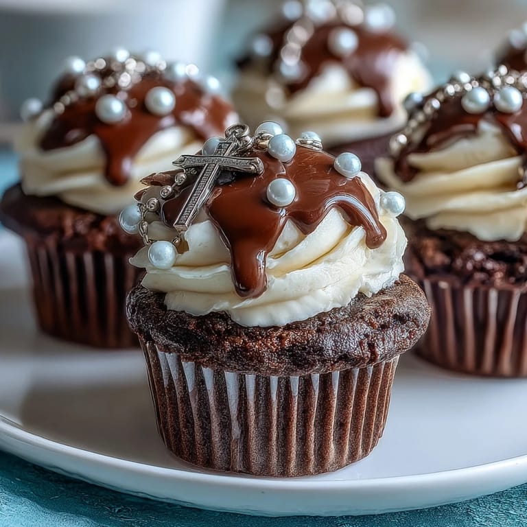 Delicate buttercream-frosted mini cupcakes with intricate fondant rosary decorations, ideal for religious dessert tables.