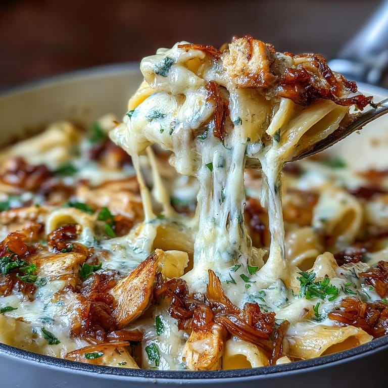Rich One-Pot French Onion Chicken Pasta featuring caramelized onions, juicy chicken, and a luscious cheese blend in every bite.