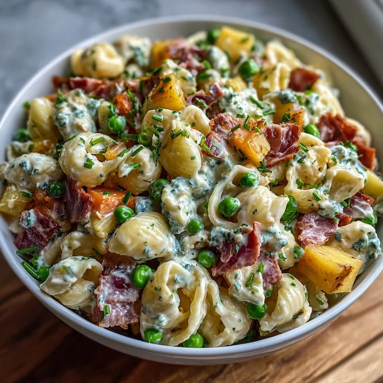 Tropical Hawaiian pasta salad with ham, pineapple, and ranch, served chilled for a refreshing, flavorful side dish.