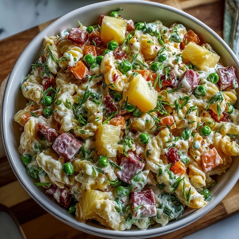 Creamy Hawaiian pasta salad with diced ham, sweet pineapple, and crunchy veggies, topped with tangy ranch dressing.  