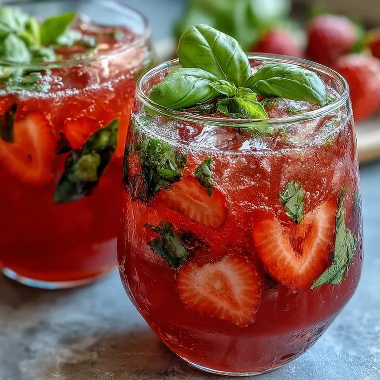 Vibrant strawberry basil lemonade mocktail in a glass pitcher, garnished with fresh herbs and fruit.