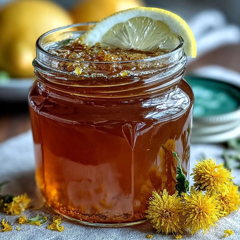 Close-up of dandelion jelly with fresh lemon and honey, spread thickly on warm buttered toast, golden and inviting.